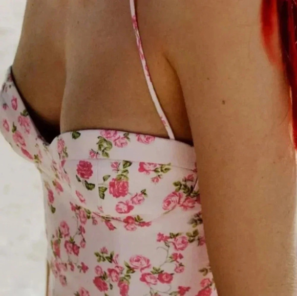 Zara Bloggers Favorite Pink Floral Lace Up Cutout Strappy Linen Blend Mini Dress - Picture 5 of 15